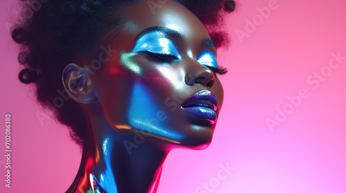 Close-up Portrait of a Young Adult Woman with Futuristic Make-up on a Blue Colored Background