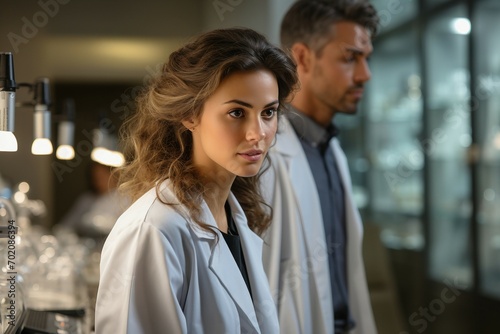 a woman in white coat looking away from a man