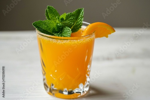 a glass of orange juice with mint leaves