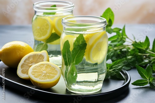 a glass jars with water and lemons on a tray