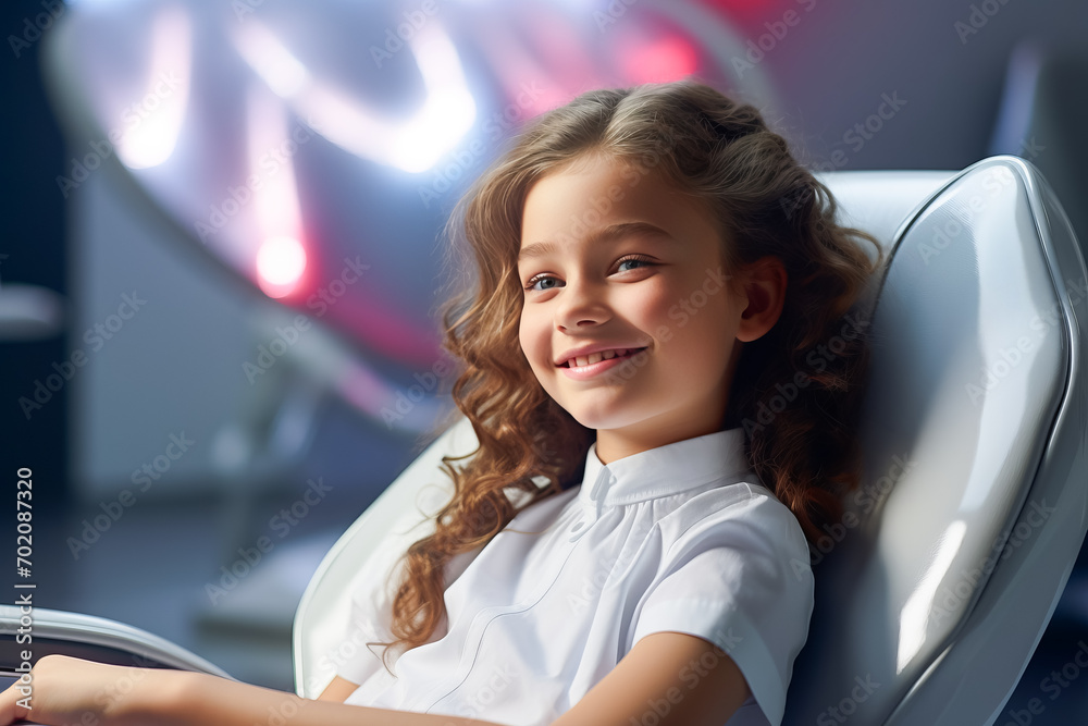Little smiling girl sitting on dental chair. Professional stomatology for kid. Teeth healthcare Little smiling girl sitting on dental chair. Professional stomatology for kid. Teeth healthcare