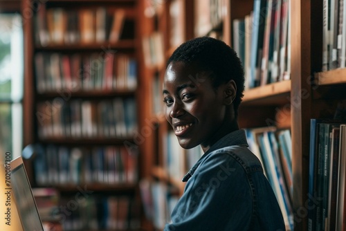a woman smiling in a library