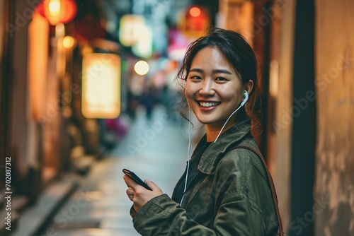 a woman smiling while holding a phone