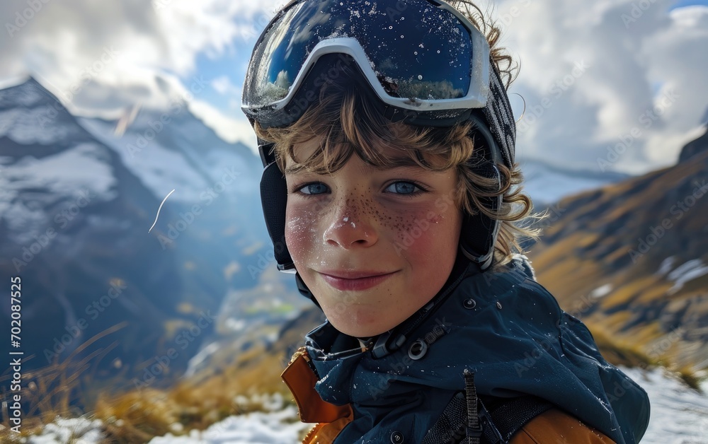 boy skier with Ski goggles and Ski helmet on the snow mountain boy skier with Ski goggles and Ski helmet on the snow mountain