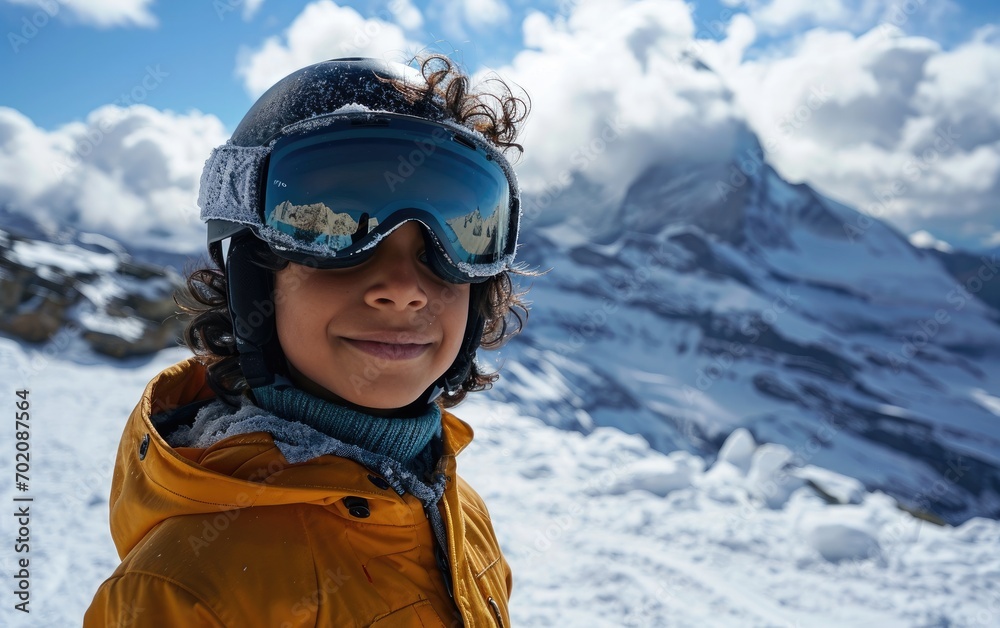 boy skier with Ski goggles and Ski helmet on the snow mountain boy skier with Ski goggles and Ski helmet on the snow mountain