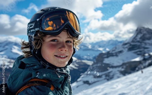 boy skier with Ski goggles and Ski helmet on the snow mountain © hakule