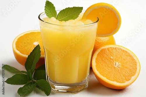 a glass of orange juice next to oranges