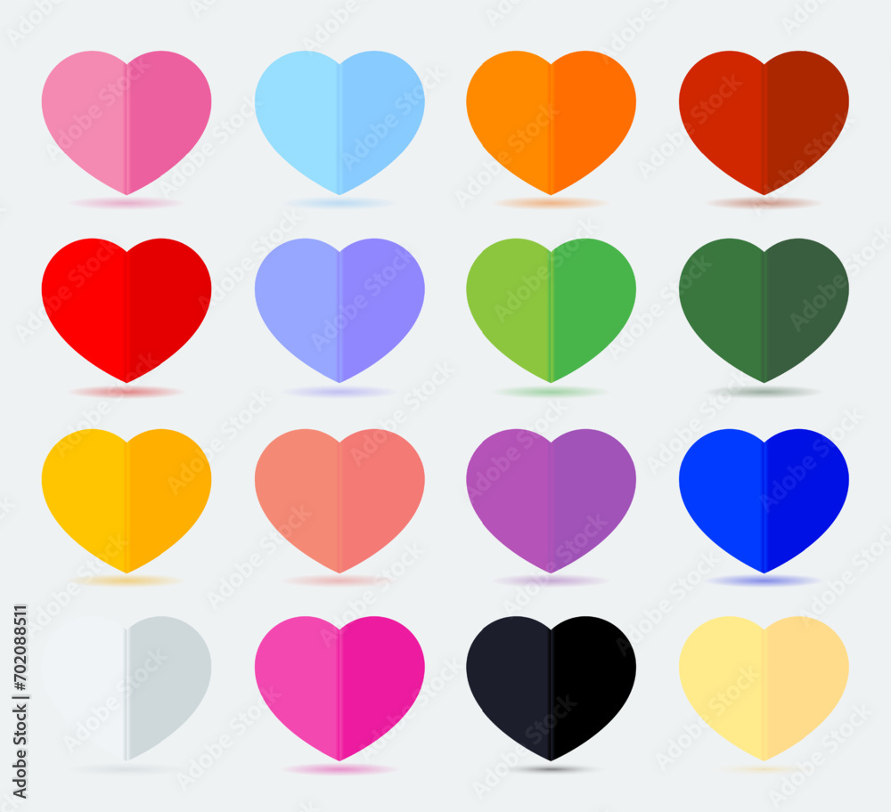16 Colors Paper hearts vector set