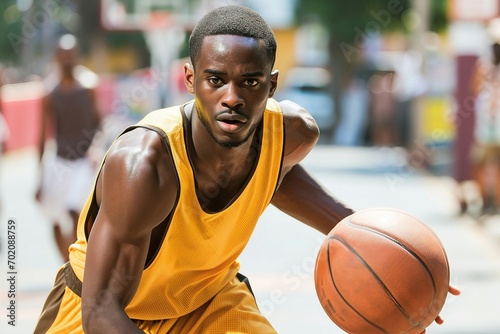 a man in a yellow jersey with a basketball © Alexandre