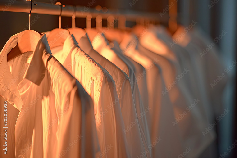 Close up of plain shirts hanging on built-in clothes racks with soft sun light, minimal fashion pastel t-shirts style concept. - obrazy, fototapety, plakaty 