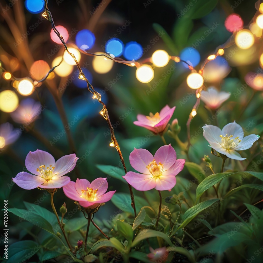 flower plant in the night garden. New Year light decoration. shallow focus. beauty closeup background. bloom fairy concept. abstract glowing wallpaper. celebration event light. colourful environment flower plant in the night garden. New Year light decoration. shallow focus. beauty closeup background. bloom fairy concept. abstract glowing wallpaper. celebration event light. colourful environment