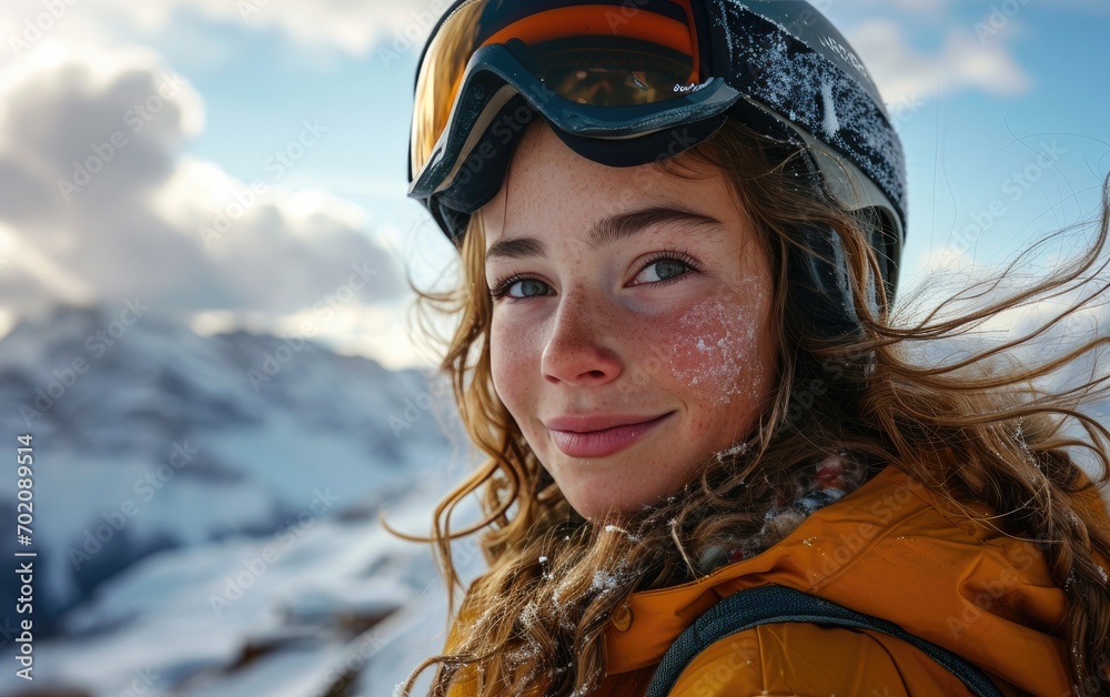 girl skier with Ski goggles and Ski helmet on the snow mountain girl skier with Ski goggles and Ski helmet on the snow mountain