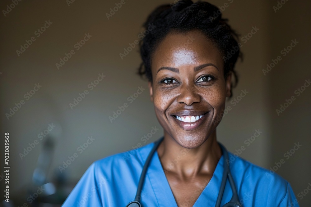 a close-up of a woman wearing a blue scrubs - obrazy, fototapety, plakaty 