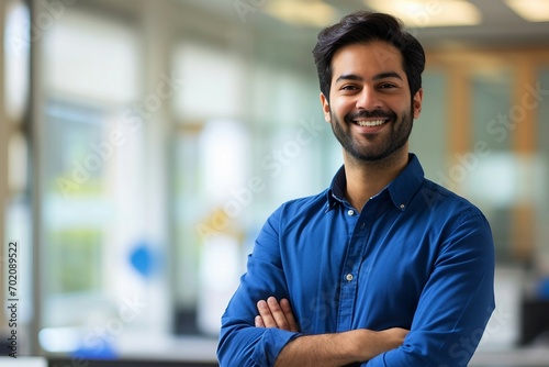 a man in a blue shirt