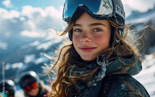 girl skier with Ski goggles and Ski helmet on the snow mountain © hakule