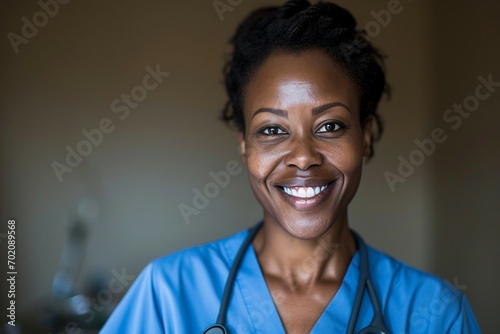 a close-up of a woman wearing a blue scrubs photo