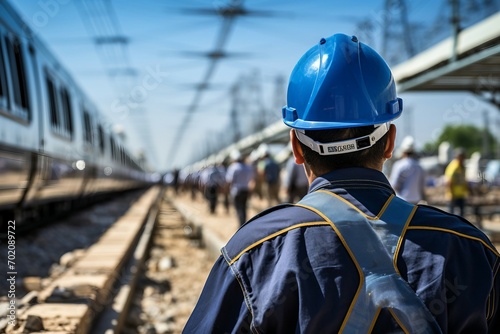 a man wearing a hard hat and standing on a train track © Alexandre