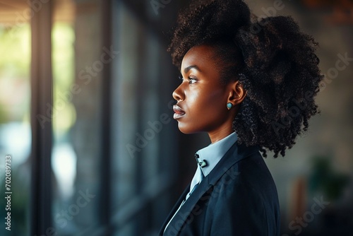 a woman in a suit looking away photo