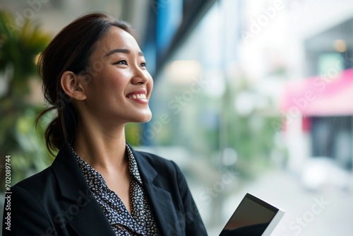 a woman smiling and looking out a window