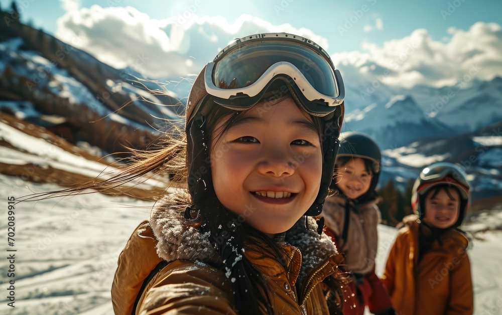girl skier with friends with Ski goggles and Ski helmet on the snow mountain girl skier with friends with Ski goggles and Ski helmet on the snow mountain