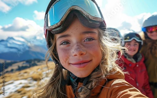 girl skier with friends with Ski goggles and Ski helmet on the snow mountain