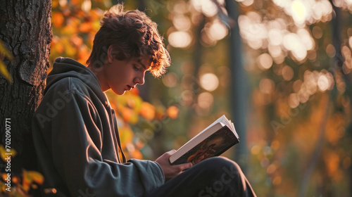 teen reading under a tree photo