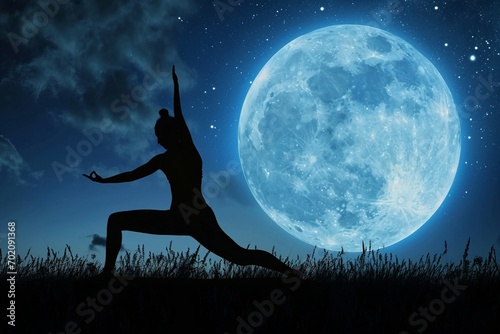 a silhouette of a woman doing yoga in front of a full moon