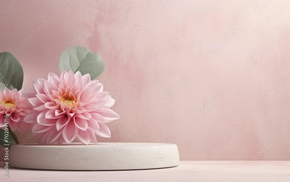 Peach color. Pastel pink dahlia flower leaves podium stone stage pedestal natural mock up. Product promotion beauty cosmetic pedestal. Twist plank template. Studio minimal showcase. AI Generative. Peach color. Pastel pink dahlia flower leaves podium stone stage pedestal natural mock up. Product promotion beauty cosmetic pedestal. Twist plank template. Studio minimal showcase. AI Generative.