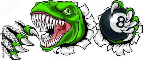 A dinosaur or lizard angry mean pool billiards mascot cartoon character holding a black 8 ball.