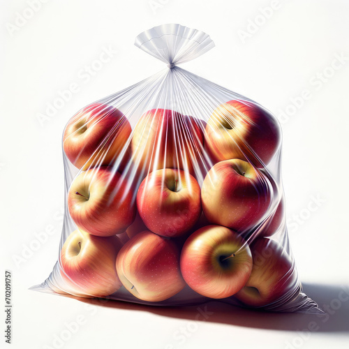 Stock photo image, Hyper realistic Fresh Apple's in a clear bag isolated on a white background, studio light, illustration