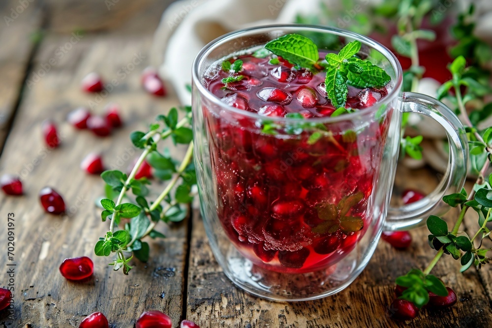 a glass cup of pomegranate juice with mint leaves a glass cup of pomegranate juice with mint leaves