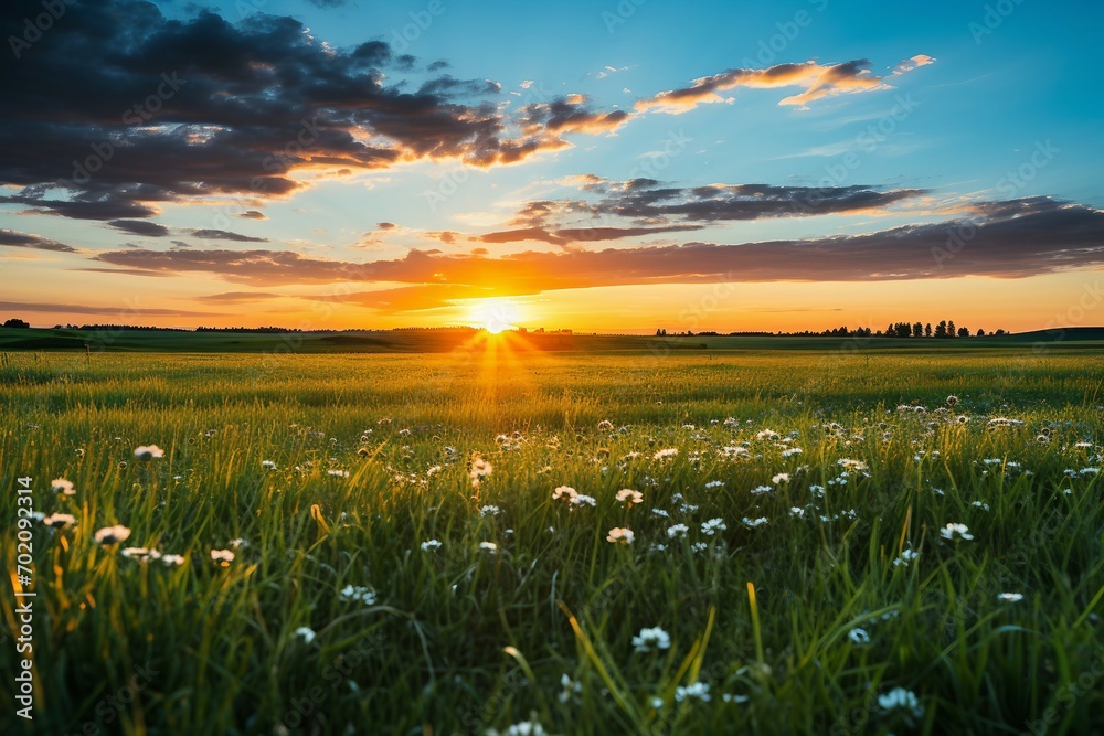 a field of flowers and a sunset a field of flowers and a sunset