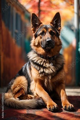 A majestic German Shepherd sits proudly on a vibrant and abstract background, its fur glistening in the sunlight.