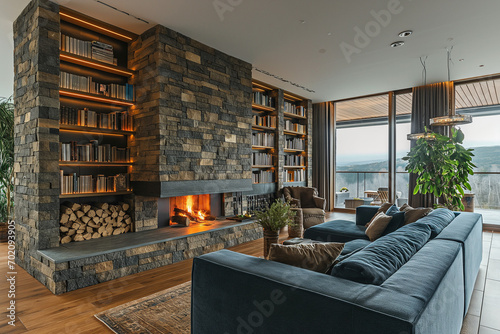 Stylish interior of a modern living room with large windows, sofa and fireplace. Loft style, Scandinavian interior. Concept decorator and interior designer. cozy home.
