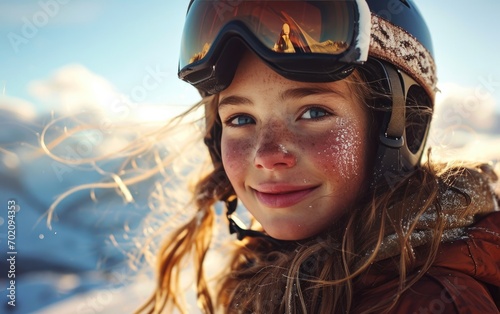 girl skier with Ski goggles and Ski helmet on the snow mountain