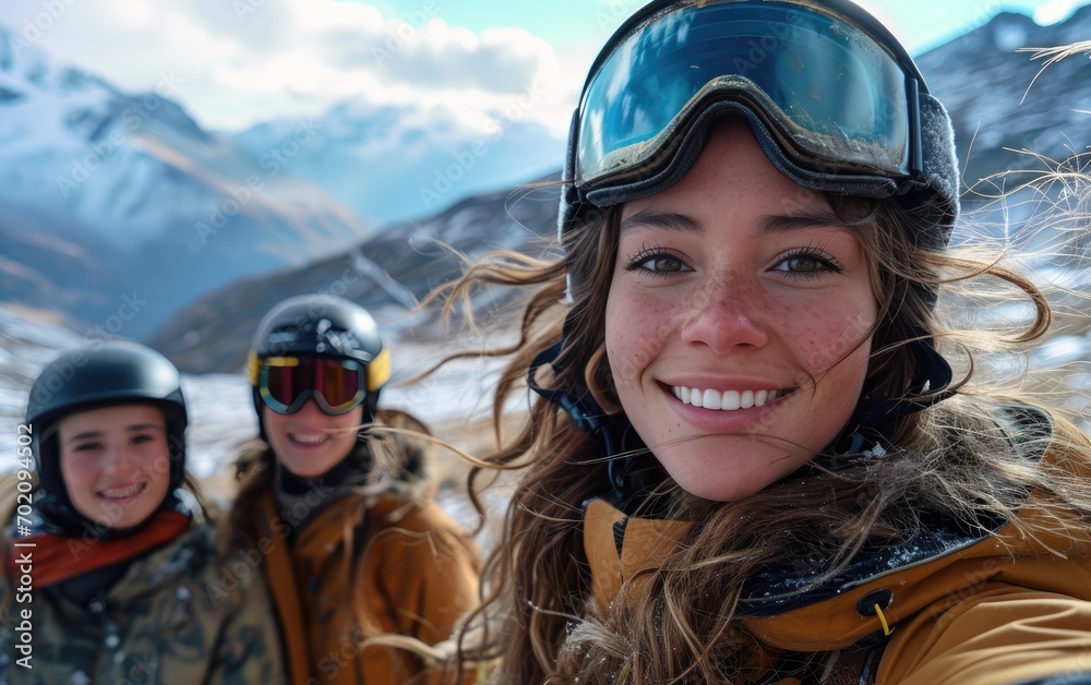 girl skier with friends with Ski goggles and Ski helmet on the snow mountain girl skier with friends with Ski goggles and Ski helmet on the snow mountain