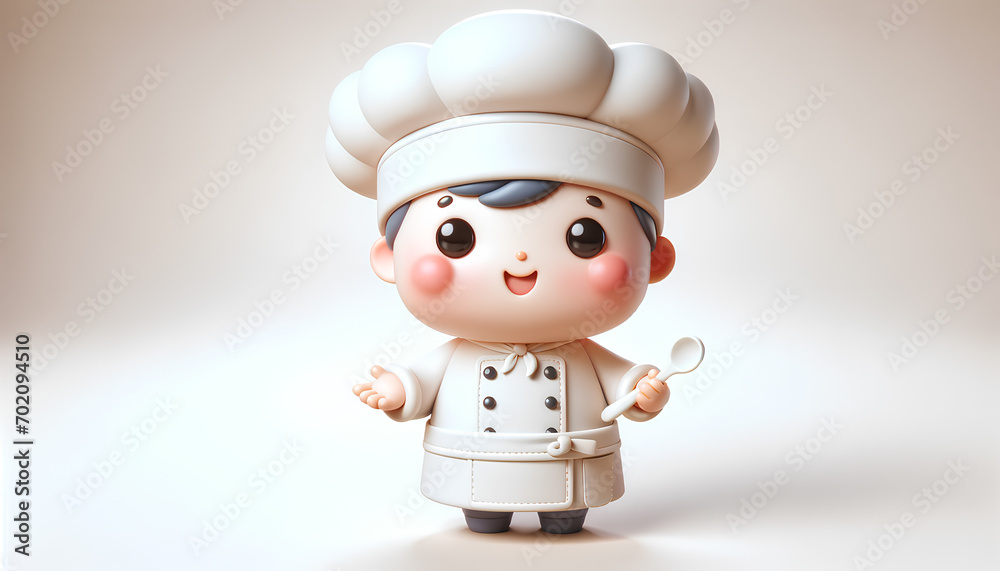 A 3D cute cartoon chef character, designed in a whimsical and charming style. The chef has a jolly expression A 3D cute cartoon chef character, designed in a whimsical and charming style. The chef has a jolly expression