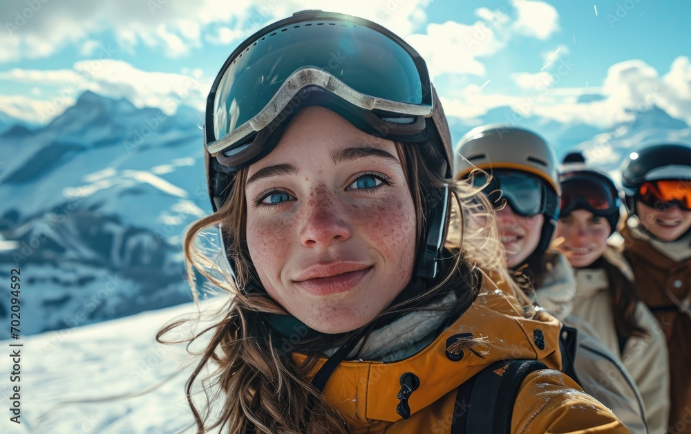 girl skier with friends with Ski goggles and Ski helmet on the snow mountain girl skier with friends with Ski goggles and Ski helmet on the snow mountain