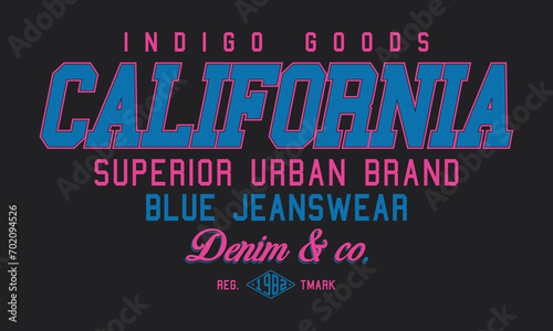 California Indigo Goods slogan Retro print for t-shirt design. Graphics for tee shirt Artwork. Vector illustration.