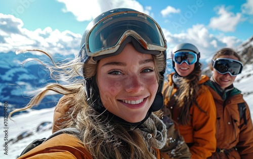 girl skier with friends with Ski goggles and Ski helmet on the snow mountain