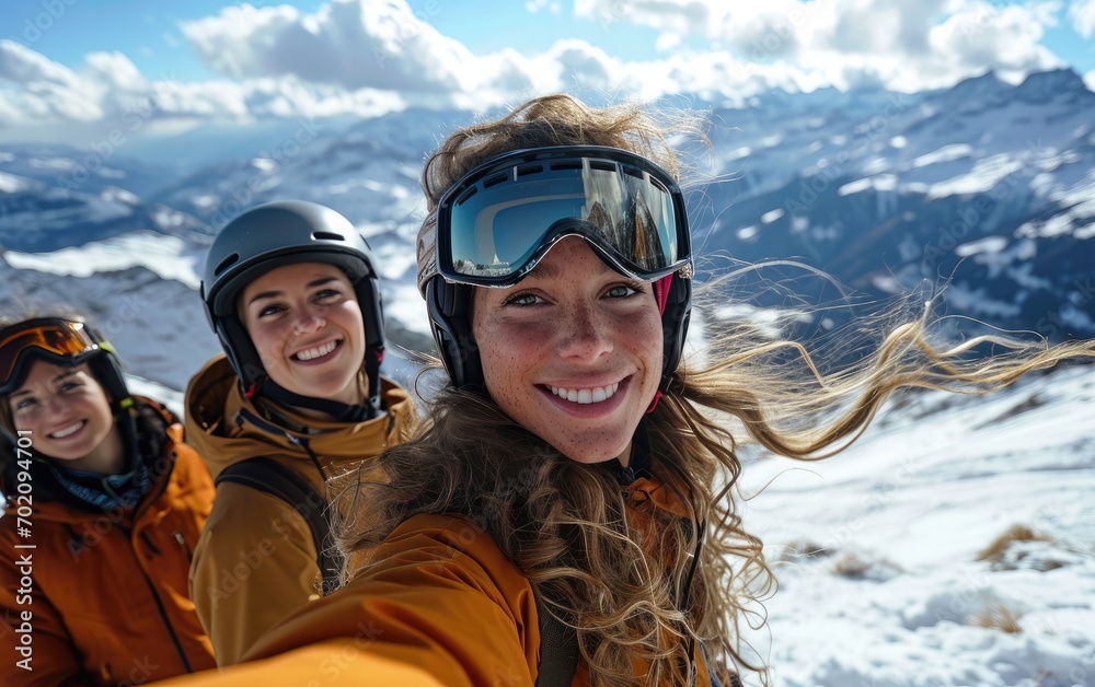 girl skier with friends with Ski goggles and Ski helmet on the snow mountain girl skier with friends with Ski goggles and Ski helmet on the snow mountain