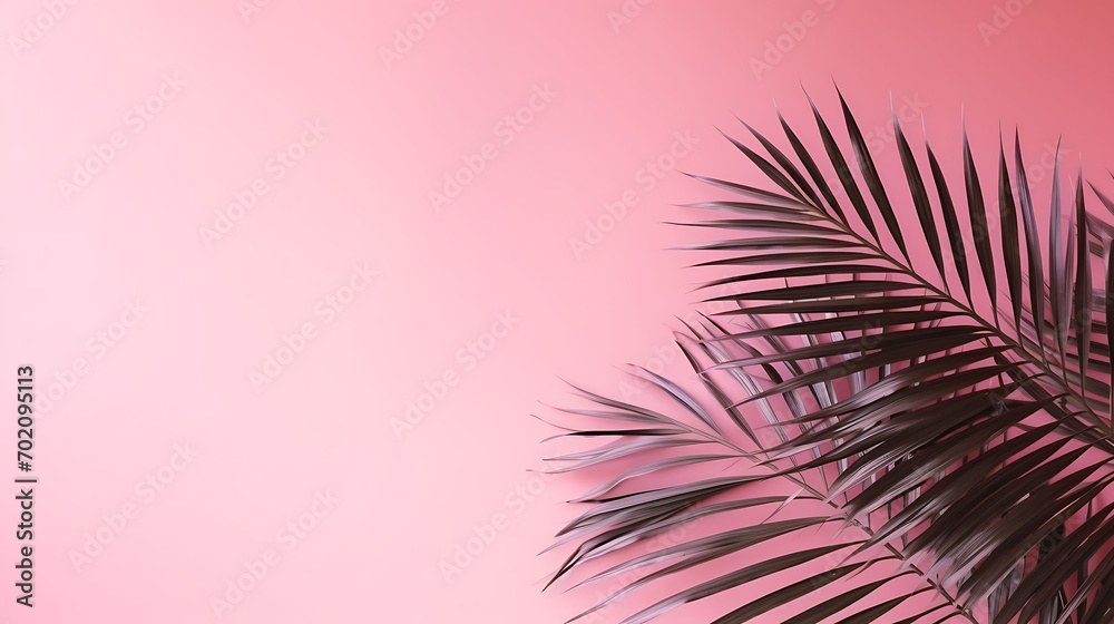 Fototapeta premium Blurred shadow from palm leaves on the pink wall. Minimal abstract background for product presentation. Spring and summer.,