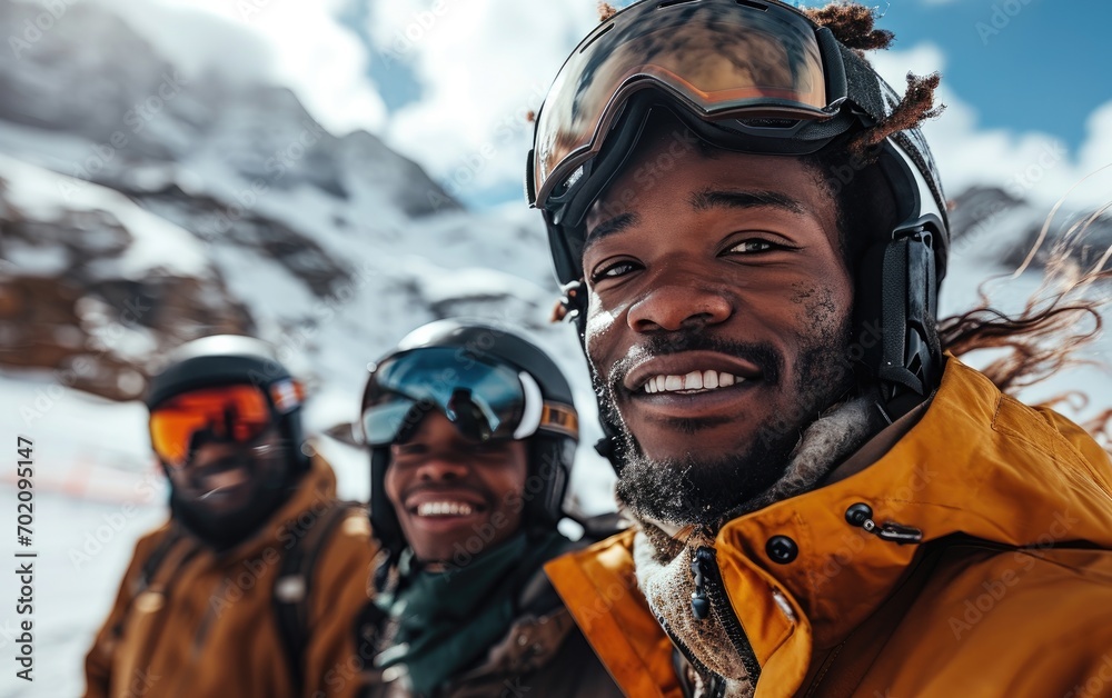 skier man with friends with Ski goggles and Ski helmet on the snow mountain skier man with friends with Ski goggles and Ski helmet on the snow mountain