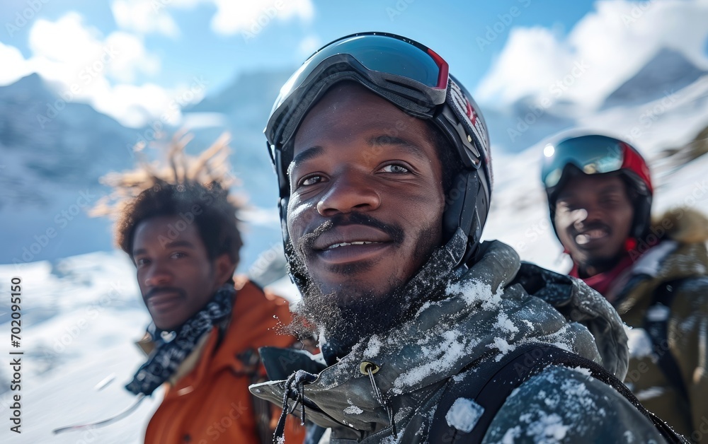 skier man with friends with Ski goggles and Ski helmet on the snow mountain skier man with friends with Ski goggles and Ski helmet on the snow mountain