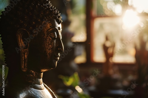 Golden Buddha head silhouette reflecting spiritual serenity against a warm sunset glow photo