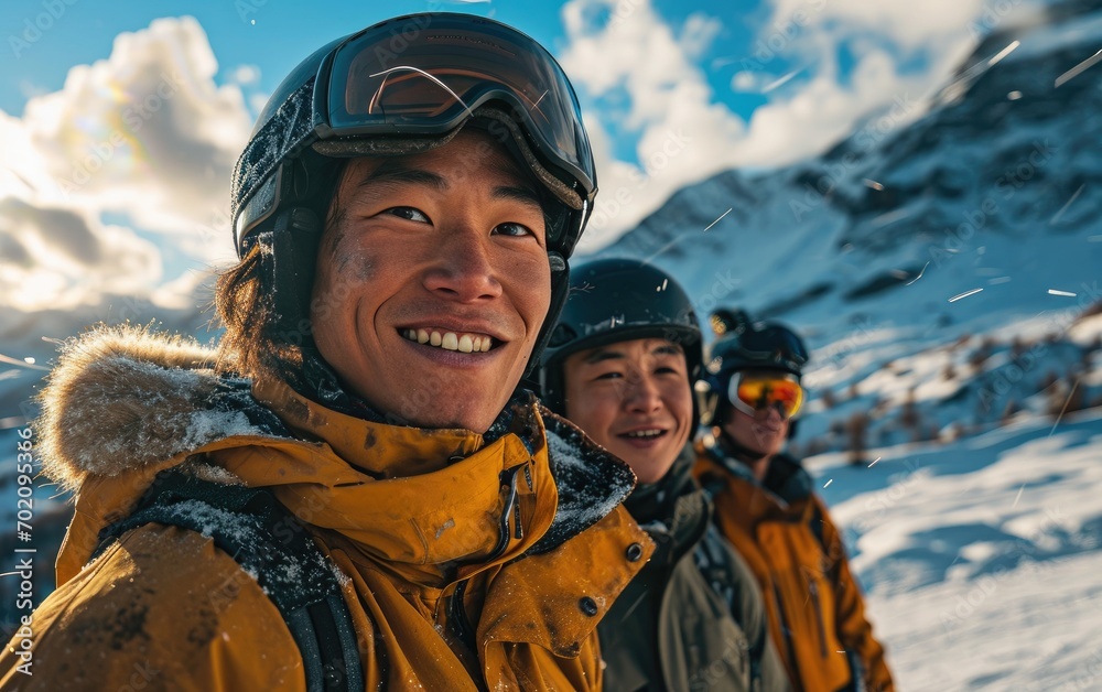 skier man with friends with Ski goggles and Ski helmet on the snow mountain skier man with friends with Ski goggles and Ski helmet on the snow mountain