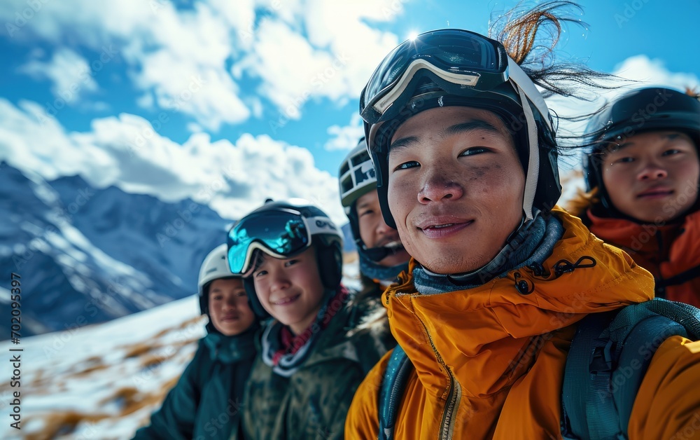 skier man with friends with Ski goggles and Ski helmet on the snow mountain