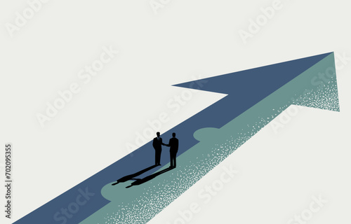 Business partnership, merger and acquisition concept, businessmen handshaking on assembled arrow jigsaw, vector illustration. photo