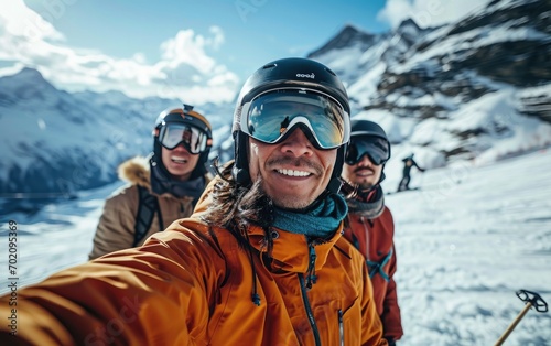 skier man with friends with Ski goggles and Ski helmet on the snow mountain