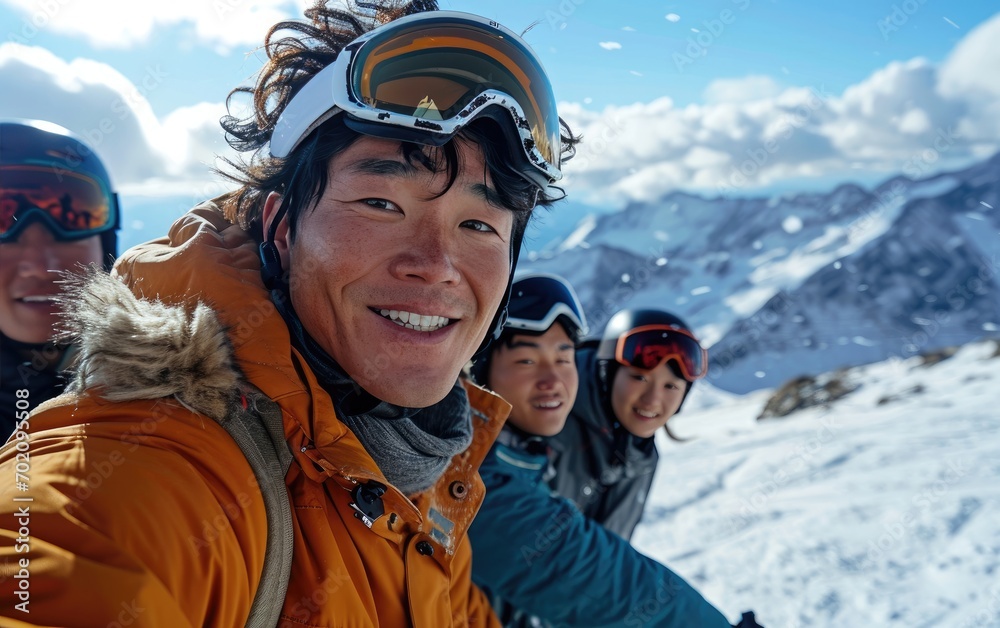 skier man with friends with Ski goggles and Ski helmet on the snow mountain skier man with friends with Ski goggles and Ski helmet on the snow mountain